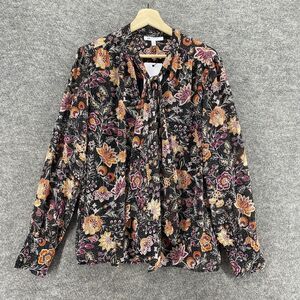 New DR2 Blouse Women XL Black Floral V-Neck Tasseled Long Sleeve Lined Casual